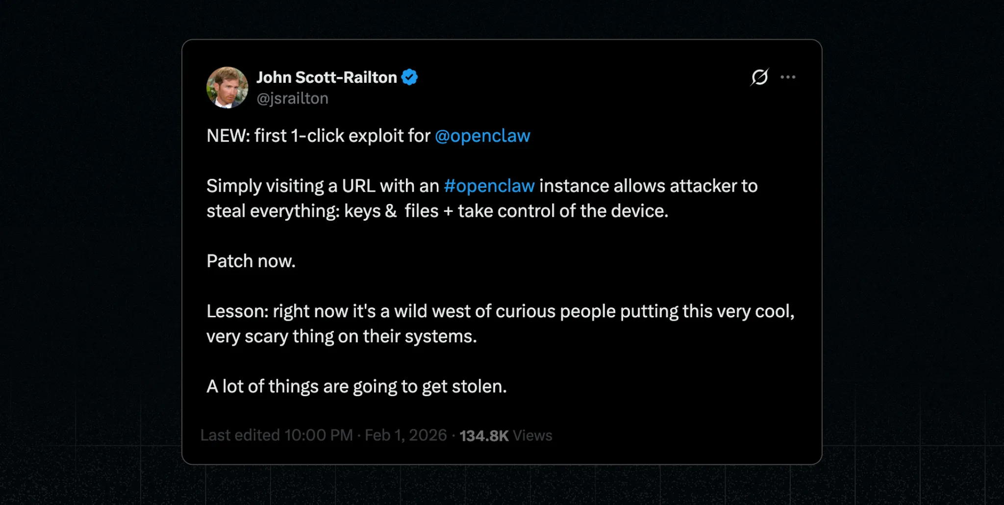 X Post from @jsrailton about OpenClaw